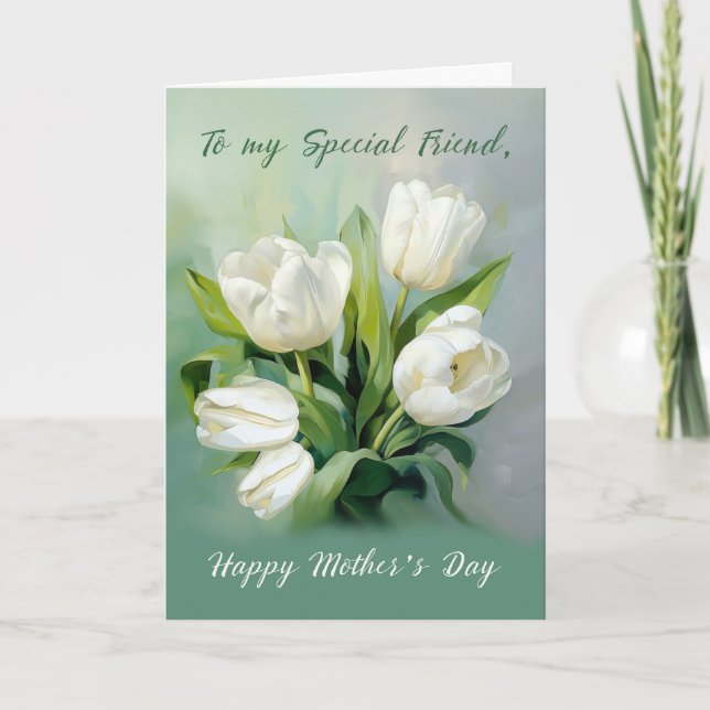 Friend on Mothers Day White Tulips in Watercolor Card (Front)