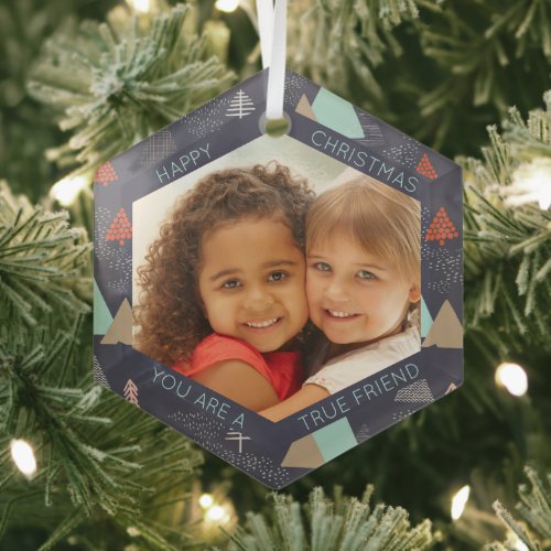 Friend Photo Abstract Christmas Trees Hexagon Glass Ornament