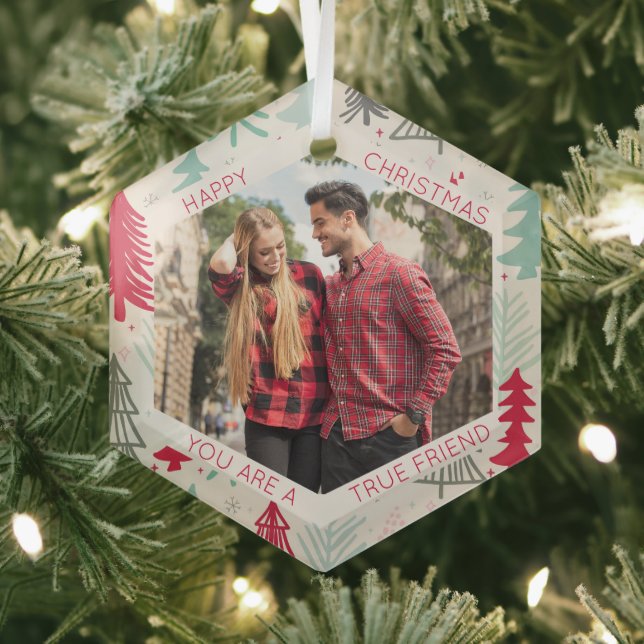 Friend Photo Doodle Trees Hexagon Glass Ornament (Insitu)