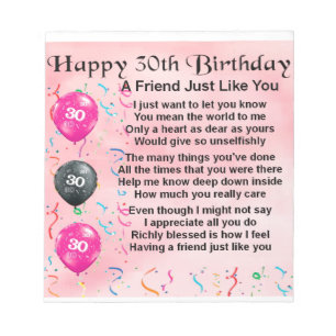 Friend Poem - 30th Birthday Notepad