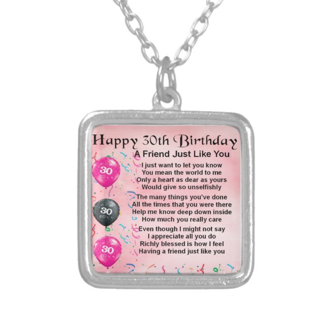 Friend Poem  -  30th Birthday Silver Plated Necklace (Front)