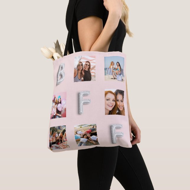 Friend rose gold silver blush photo collage tote bag (Close Up)