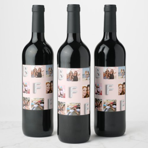 Friend rose gold silver photo collage BFF Wine Label