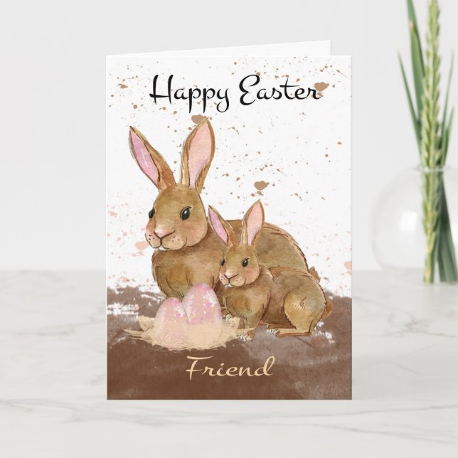 Friend, Watercolor Bunny Rabbits and Easter Eggs Holiday Card (Front)