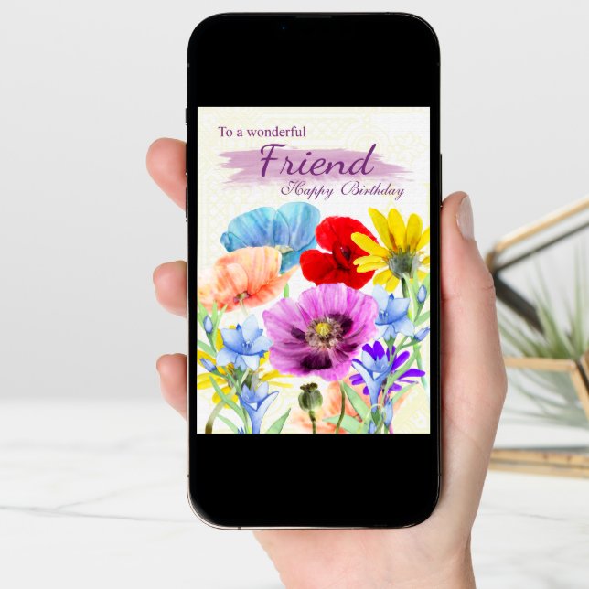 Friend Watercolor Wild Flowers Birthday Card (Front Digital)