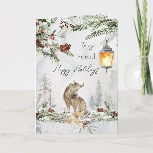 Friend Winter Woodland Scene Wolf Greeting Card (Front)