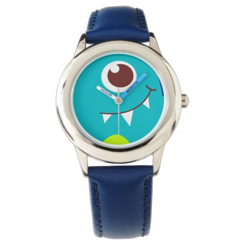 Friendly alien face aqua blue kids watch