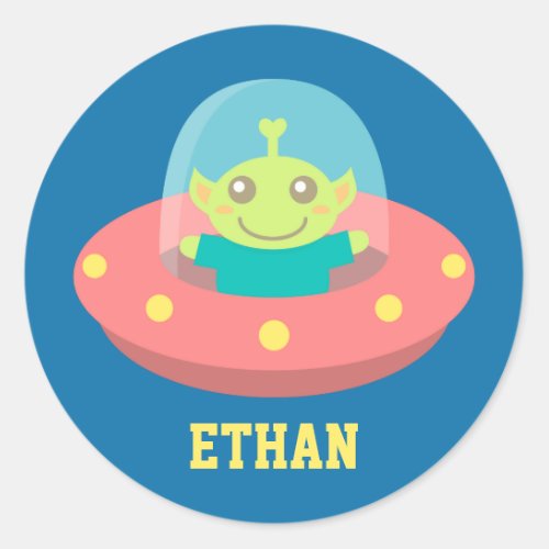 Friendly Alien in Spaceship Outer Space Classic Round Sticker