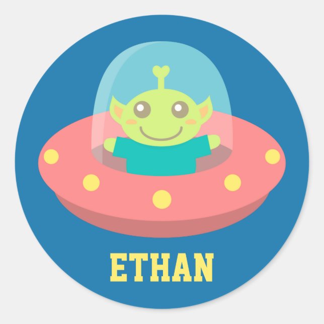 Friendly Alien in Spaceship, Outer Space Classic Round Sticker (Front)