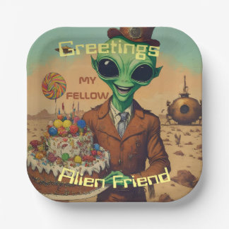 Friendly Alien with birthday cake  Paper Plates