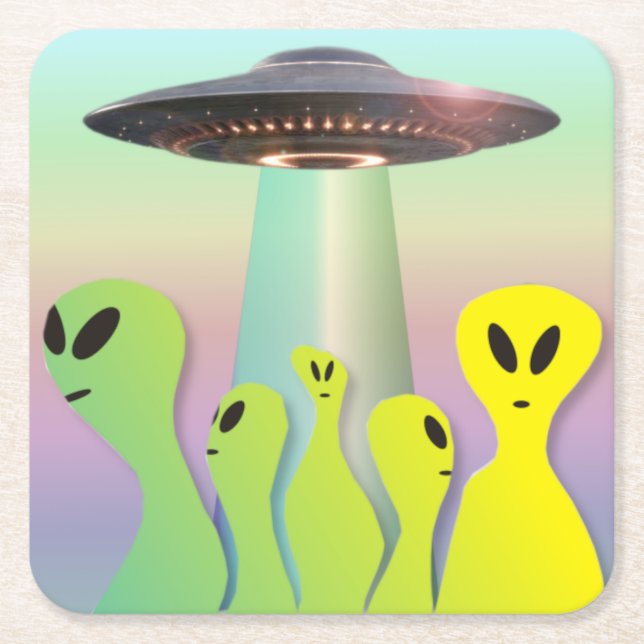 Friendly Aliens & UFO yellow & green Square Paper Coaster (Front)