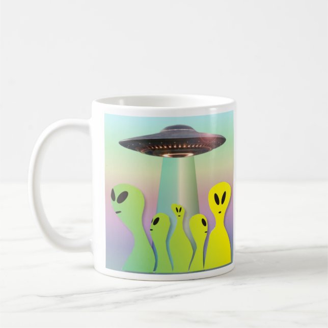 Friendly Aliens yellow and green Coffee Mug (Left)