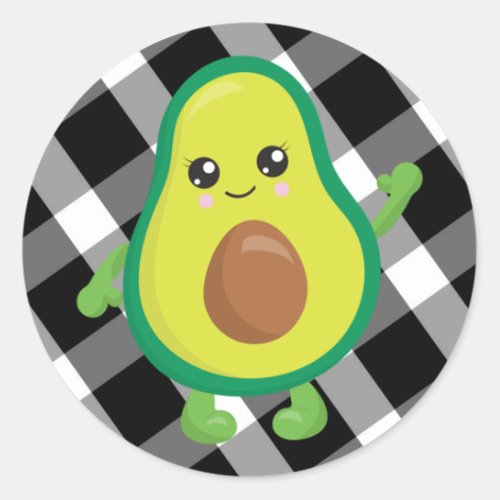 Friendly Avocado on BlackWhite Gingham Classic Round Sticker