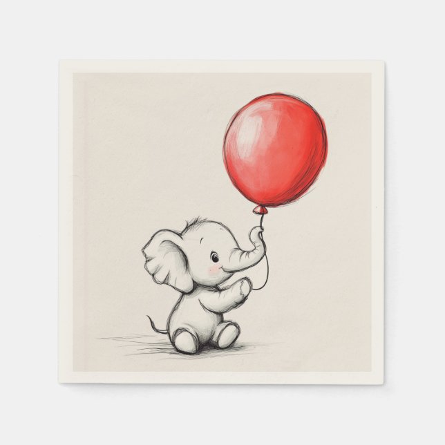 Friendly Baby Elephant with Red Balloon Paper Napkins (Front)