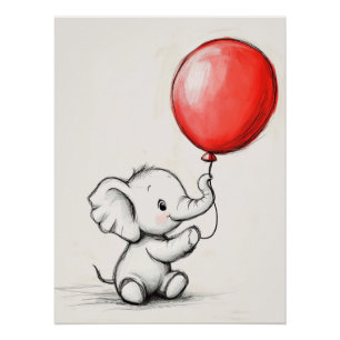 Friendly Baby Elephant with Red Balloon Poster