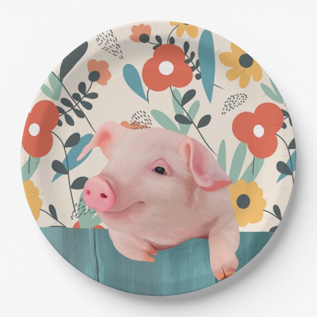 Friendly Baby Pig | Cute Baby Animal Paper Plates (Front)