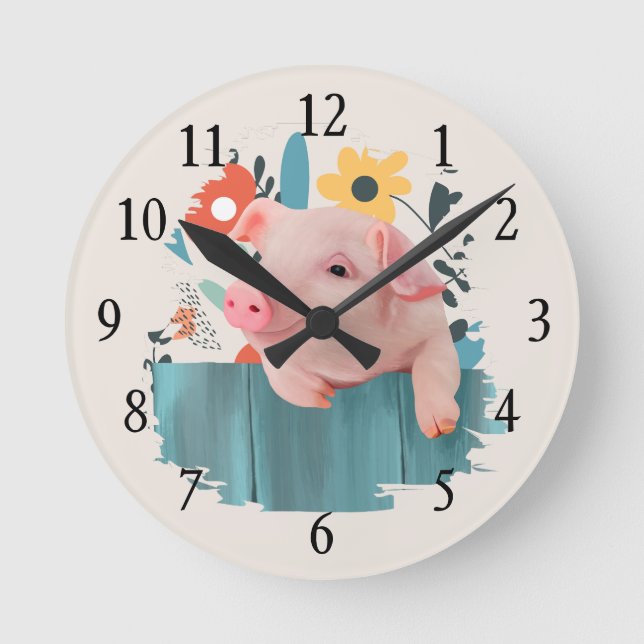 Friendly Baby Pig | Cute Baby Animals Round Clock (Front)