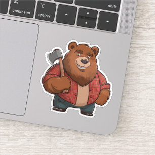 Friendly Bear Red Plaid Shirt & Axe Lumberjack Sticker