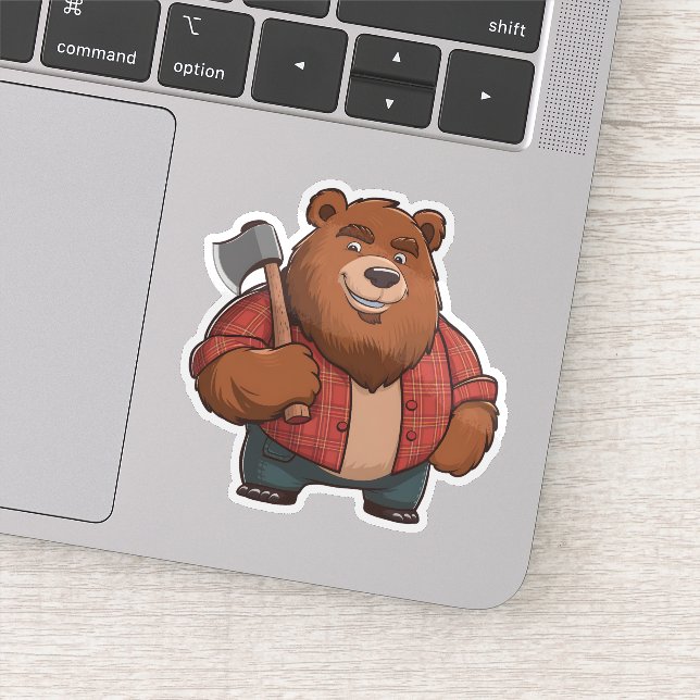 Friendly Bear Red Plaid Shirt & Axe Lumberjack Sticker (Detail)