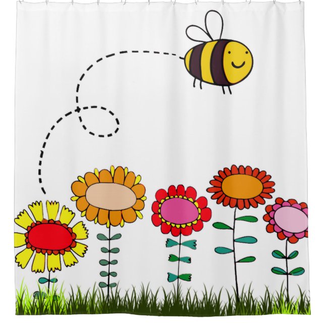 Friendly Bee Flying Above the Flowers on White Shower Curtain (Front)