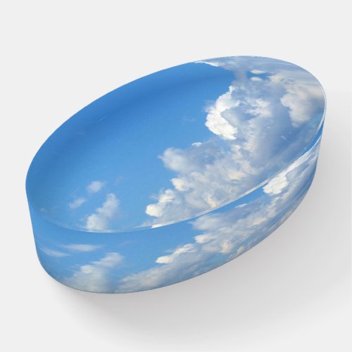 Friendly Blue Sky Puffy White Gray Clouds Oval Paperweight