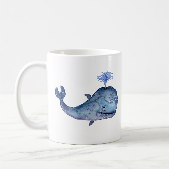 Friendly Blue Whale Watercolor Coffee Mug (Left)