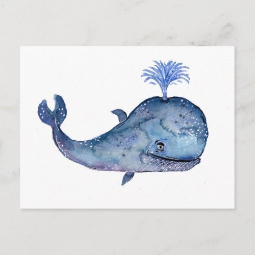 Friendly Blue Whale Watercolor Postcard