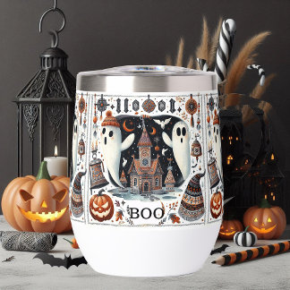Friendly Boo Halloween Ghost Modern Script Spooky Thermal Wine Tumbler