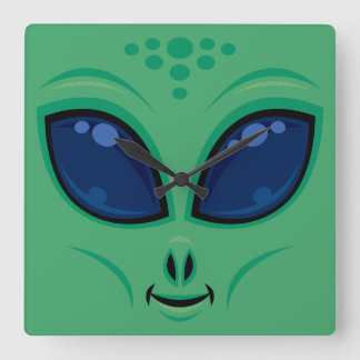 Friendly Cartoon Alien Face Square Wall Clock