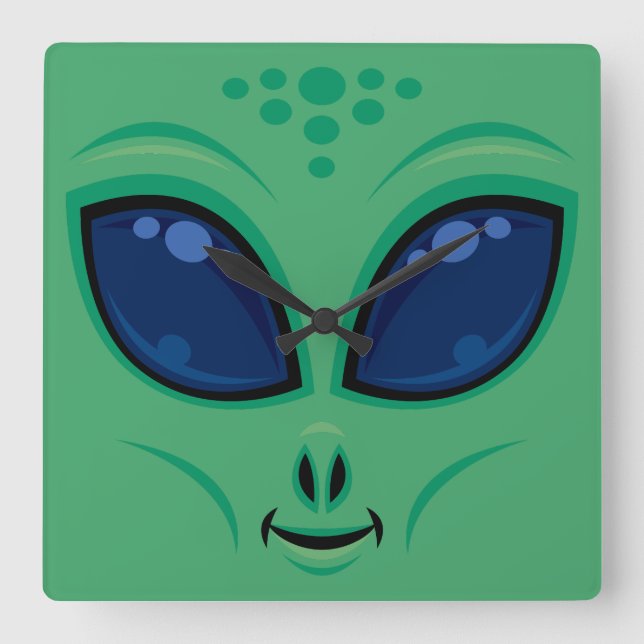 Friendly Cartoon Alien Face Square Wall Clock (Front)