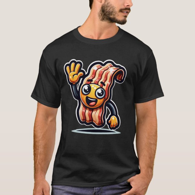 Friendly Cartoon Bacon Character Waving Animated F T-Shirt (Front)