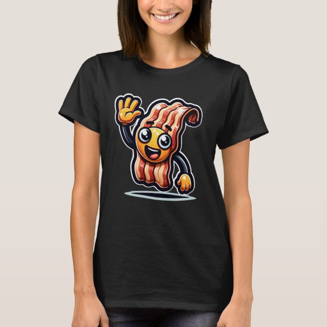 Friendly Cartoon Bacon Character Waving Animated F T-Shirt (Front)