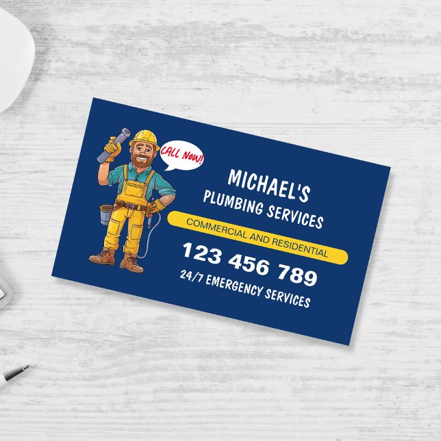 Friendly Cartoon Plumber Handyman Water Repairs Business Card (Creator Uploaded)