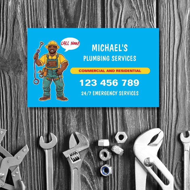 Friendly Cartoon Plumber Handyman Water Repairs Business Card (Creator Uploaded)