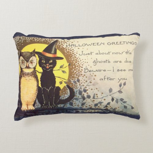 Friendly Cat and Owl _ Cute Vintage Halloween Accent Pillow
