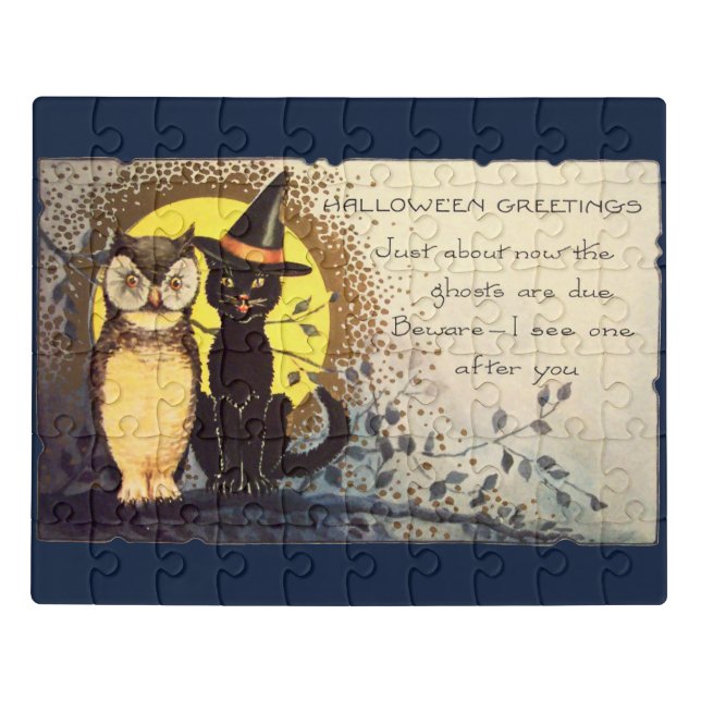 Friendly Cat and Owl - Halloween Childrens Puzzle (Puzzle Horizontal)