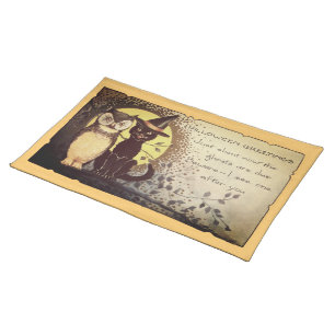 Friendly Cat and Owl Vintage Halloween Placemat