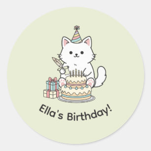 Friendly Cat Birthday Celebration Cake Presents Classic Round Sticker