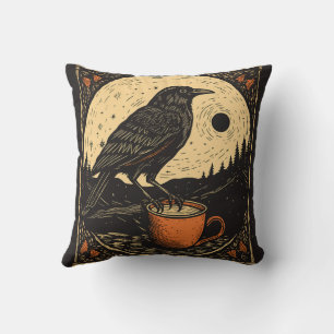 Friendly Crow w/Coffee Throw Pillow - Double Sided