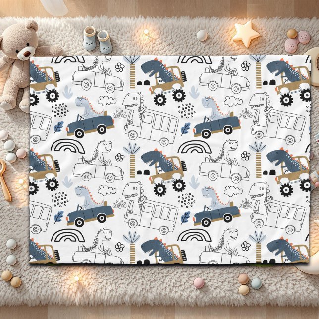 Friendly Dinosaurs in Cars Pattern Fleece Blanket (Creator Uploaded)
