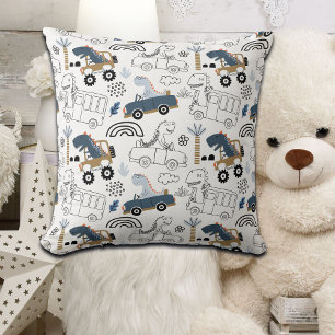 Friendly Dinosaurs in Cars Pattern Throw Pillow