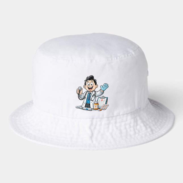 Friendly Doctor Mascot Medical Cartoon Design Bucket Hat (Front)