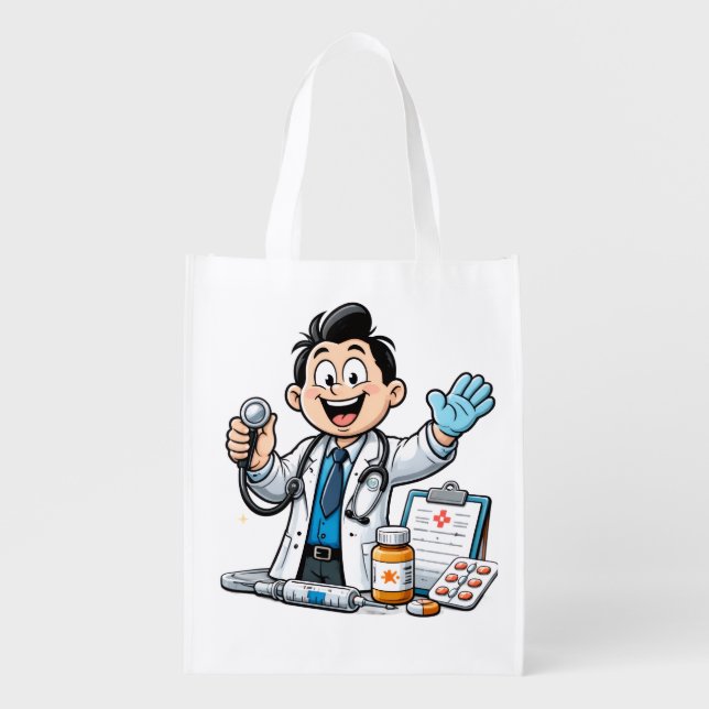 Friendly Doctor Mascot Medical Cartoon Design Grocery Bag (Front)