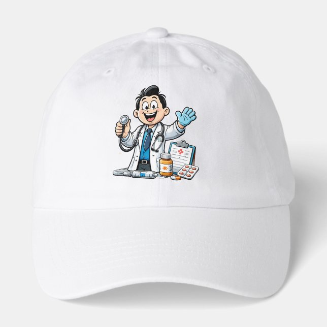 Friendly Doctor Mascot Medical Cartoon Design Hat (Front)