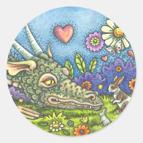 FRIENDLY EASTER DRAGON ON BUNNY TRAIL Cute Fantasy Classic Round Sticker