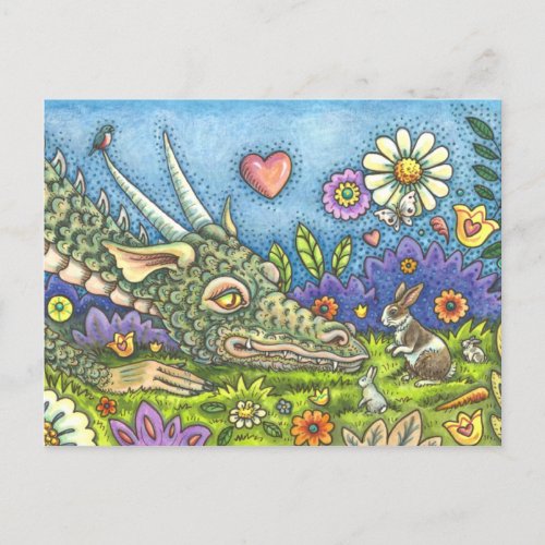 FRIENDLY EASTER DRAGON ON BUNNY TRAIL Cute Fantasy Holiday Postcard