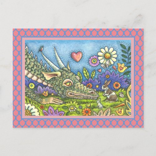 FRIENDLY EASTER DRAGON ON BUNNY TRAIL Cute Fantasy Holiday Postcard