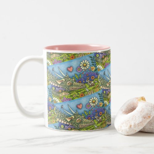 FRIENDLY EASTER DRAGON ON BUNNY TRAIL Cute Fantasy Two_Tone Coffee Mug