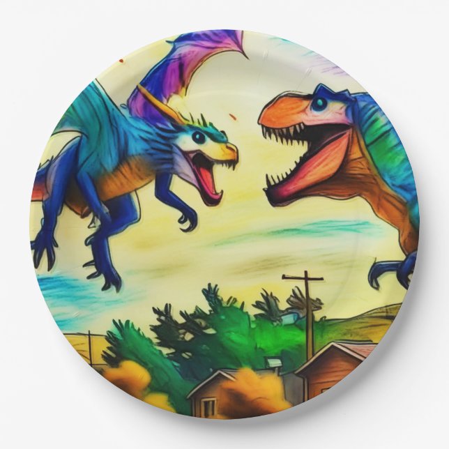Friendly Encounter - Dragon and Dinosaur Paper Plates (Front)
