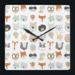 Friendly Faces | Cute Animal Portraits Square Wall Clock<br><div class="desc">This watercolor print features cute animal faces | By June Erica Vess</div>